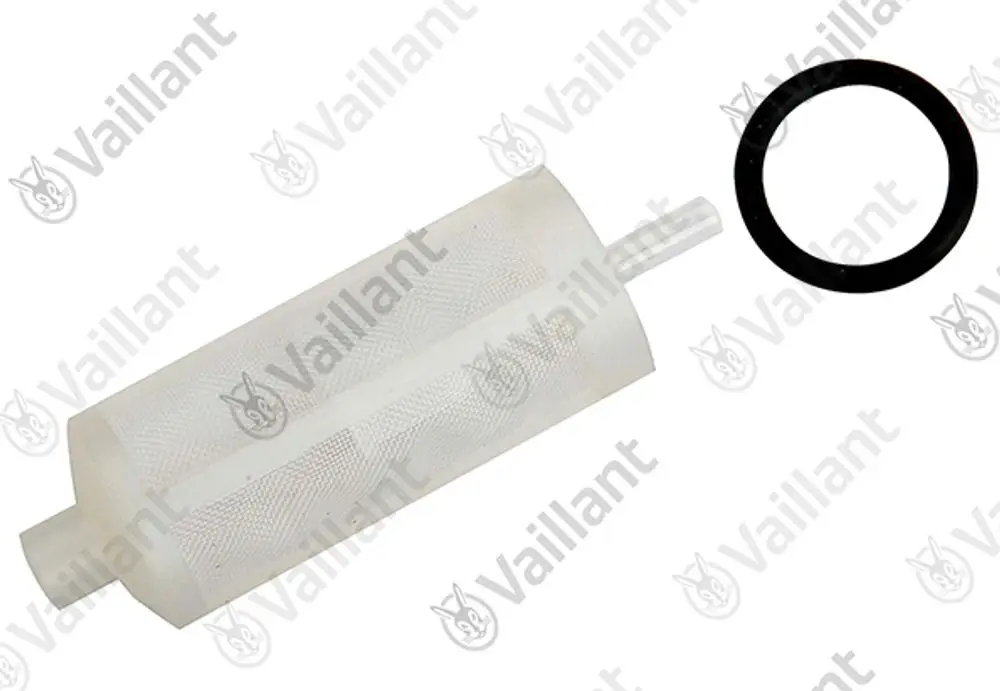 Weißer Vaillant Filter mit einem zylindrischen Gehäuse und einem Anschluss. Dazu gehört ein schwarzer O-Ring.